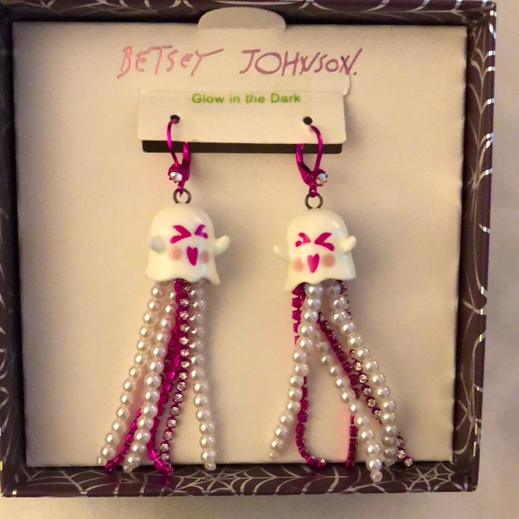 Betsey Johnson Fuchsia Tone Just Treats Ghost Drop Earrings With Fringe NWT - Picture 2 of 10
